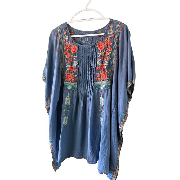 Johnny Was Other - Johnny Was Womens Caftan One Size Blue Cotton Embroidered Round Neck Boho